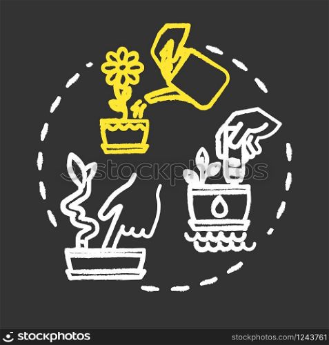 Soil moist chalk RGB color concept icon. Indoor potted flowers concern. Ground humidity determination. Houseplants caring idea. Vector isolated chalkboard illustration on black background
