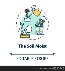 Soil moist concept icon. Indoor potted flowers concern. Ground humidity determination. Houseplants caring idea thin line illustration. Vector isolated outline RGB color drawing. Editable stroke