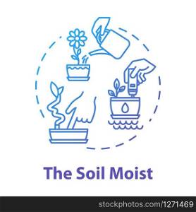 Soil moist concept icon. Indoor potted flowers concern. Ground humidity determination. Houseplants caring idea thin line illustration. Vector isolated outline RGB color drawing