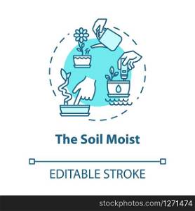 Soil moist concept icon. Indoor potted flowers concern. Houseplants caring idea thin line illustration. Ground humidity determination. Vector isolated outline RGB color drawing. Editable stroke