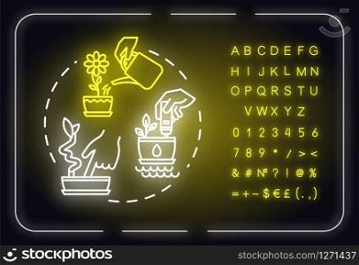 Soil moist neon light concept icon. Indoor potted flowers concern. Houseplants caring idea. Outer glowing sign with alphabet, numbers and symbols. Vector isolated RGB color illustration