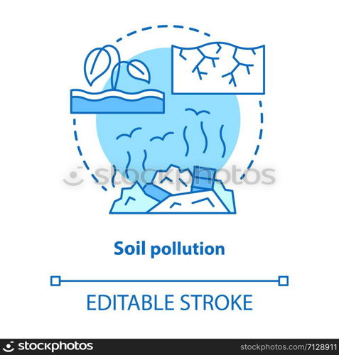 Soil pollution concept icon. Land waste contamination idea thin line illustration. Inefficient use of natural resources. Landfills and garbage problem. Vector isolated outline drawing. Editable stroke