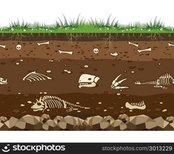 Soil with dinosaur bones. Soil with dead animals. Horizontal seamless earth underground surface with dinosaur and lizard bones vector illustration