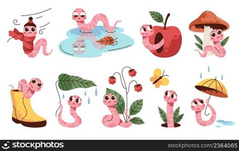 Soil worm characters. Cute earthworms mascots. Different items and activities. Funny garden insects with apple and mushroom. Natural creatures. Fishing bait. Rainworm wildlife. Vector pink bugs set. Soil worm characters. Earthworms mascots. Different items and activities. Funny garden insects with apple and mushroom. Natural creatures. Fishing bait. Rainworm wildlife. Vector bugs set
