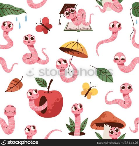 Soil worm characters seamless pattern. Funny earthworms with apple, mushroom and umbrella, garden creatures, farm insects, childish background. Decor textile, wrapping paper, wallpaper, vector print. Soil worm characters seamless pattern. Funny earthworms with apple, mushroom and umbrella, garden creatures, farm insects, childish background. Decor textile, wrapping paper, vector print