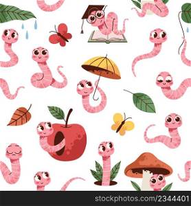 Soil worm characters seamless pattern. Funny earthworms with apple, mushroom and umbrella, garden creatures, farm insects, childish background. Decor textile, wrapping paper, wallpaper, vector print. Soil worm characters seamless pattern. Funny earthworms with apple, mushroom and umbrella, garden creatures, farm insects, childish background. Decor textile, wrapping paper, vector print