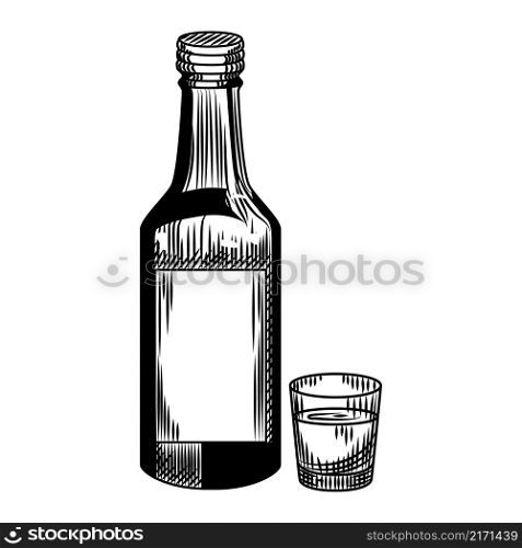 Soju bottle and shot isolated on white background. Glass vodka bottle in vintage engraved style. Vector illustration. Soju bottle and shot isolated on white background.