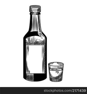 Soju bottle and shot isolated on white background. Glass vodka bottle in vintage engraved style. Vector illustration. Soju bottle and shot isolated on white background.