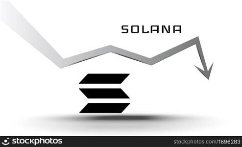 Solana SOL in downtrend and price falls down. Cryptocurrency coin symbol and down arrow on white background. Crushed and fell down. Cryptocurrency trading crisis and crash. Vector illustration.