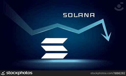 Solana SOL in downtrend and price falls down. Cryptocurrency coin symbol and down arrow. Crushed and fell down. Cryptocurrency trading crisis and crash. Vector illustration.