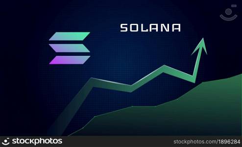 Solana SOL in uptrend and price is rising. Cryptocurrency coin symbol and green up arrow. Flies to the moon. Vector illustration.
