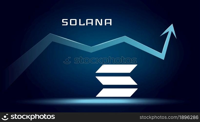 Solana SOL in uptrend and price is rising. Cryptocurrency coin symbol and up arrow. Flies to the moon. Vector illustration.