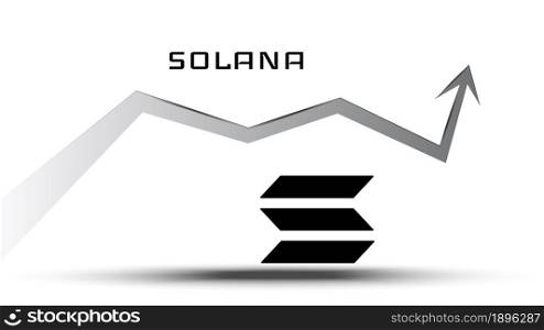 Solana SOL in uptrend and price is rising. Cryptocurrency coin symbol and up arrow. Flies to the moon. Vector illustration.
