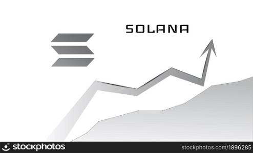 Solana SOL in uptrend and price on chart is rising. Cryptocurrency coin symbol and up arrow on white background. Flies to the moon. Vector illustration.