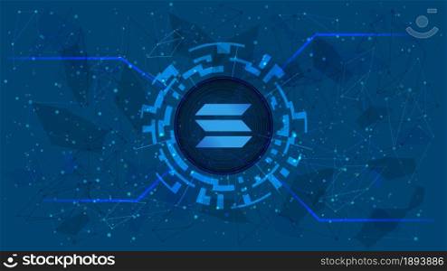 Solana SOL token symbol in digital circle with cryptocurrency theme on blue background. Cryptocurrency coin icon. Vector illustration.