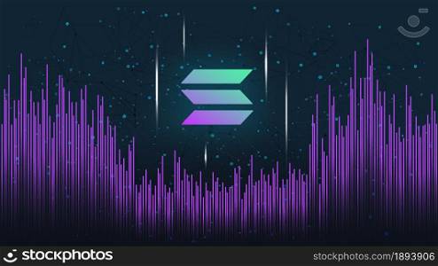 Solana SOL token symbol on dark polygonal background with wave of lines. Cryptocurrency coin logo icon. Vector illustration.