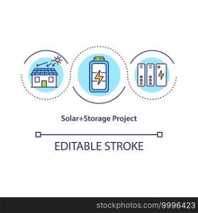 Solar and Storage Project concept icon. Clean energy idea thin line illustration. Energy Efficiency Optimization. Global warming. Vector isolated outline RGB color drawing. Editable stroke. Solar and Storage Project concept icon
