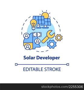 Solar developer concept icon. Renewable energy system. Power purchase agreements abstract idea thin line illustration. Isolated outline drawing. Editable stroke. Arial, Myriad Pro-Bold fonts used. Solar developer concept icon
