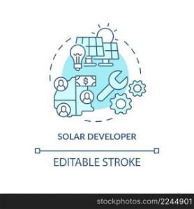 Solar developer turquoise concept icon. Renewable energy. Power purchase agreements abstract idea thin line illustration. Isolated outline drawing. Editable stroke. Arial, Myriad Pro-Bold fonts used. Solar developer turquoise concept icon