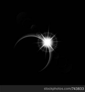 Solar eclipse on black background, Total eclipse with sun rays, Vector illustration