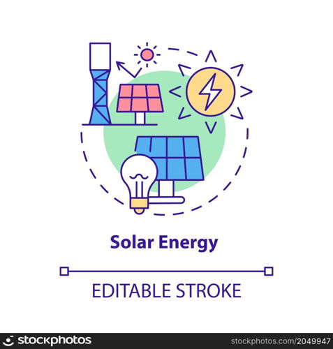 Solar energy concept icon. Eco-friendly technology. Renewable energy sources abstract idea thin line illustration. Isolated outline drawing. Editable stroke. Roboto-Medium, Myriad Pro-Bold fonts used. Solar energy concept icon