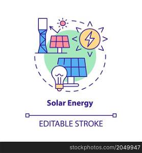 Solar energy concept icon. Eco-friendly technology. Renewable energy sources abstract idea thin line illustration. Isolated outline drawing. Editable stroke. Roboto-Medium, Myriad Pro-Bold fonts used. Solar energy concept icon