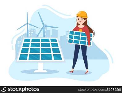 Solar Energy Installation, Panel or Wind Turbine Maintenance with Home Service Team For Electricity Network Operation in Cartoon Illustration