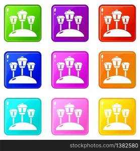 Solar lamps garden light icons set 9 color collection isolated on white for any design. Solar lamps garden light icons set 9 color collection