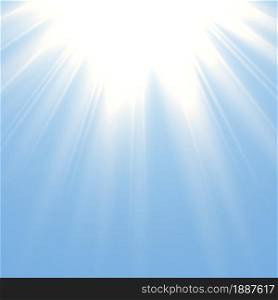 Solar light effect. Golden glow of sun rays. Realistic isolated bright sunlight. Bright yellow rays of fiery sunset, sun stellar flare. Blue sky background. Sunny weather backdrop. Vector illustration. Solar light effect. Golden glow of sun rays. Realistic isolated bright sunlight. Bright yellow rays of fiery sunset, sun stellar flare. Blue sky background. Sunny weather vector illustration