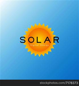 Solar logo. Sun with text Solar Digital Energy on blue gradient background. Eps10. Solar logo. Sun with text Solar Digital Energy on blue gradient background