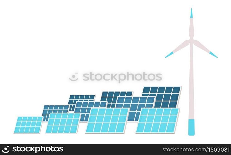 Solar panels and wind turbine flat color vector objects set. Sustainable, eco friendly power station equipment 2D isolated cartoon illustrations on white background. Alternative energy generation
