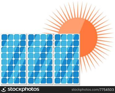 Solar panels flat vector illustration. Production and usage of environmentally friendly energy. Creation of electricity without harm to environment concept. Sun heats surface of solar panels. Solar panels vector illustration. Production of energy. Creation of eco friendly electricity