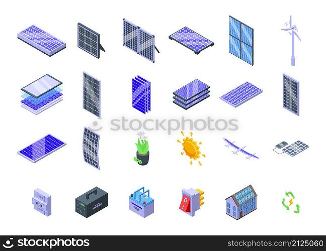 Solar panels icons set isometric vector. Solar inverter, Battery energy. Solar panels icons set isometric vector. Solar inverter