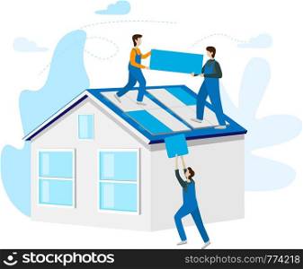 Solar power concept installed. Solar cell system home. Energy panels to produce electricity. Flat vector illustration isolated