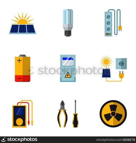 Solar power icons set. Flat set of 9 solar power vector icons for web isolated on white background. Solar power icons set, flat style