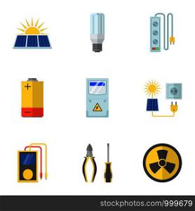Solar power icons set. Flat set of 9 solar power vector icons for web isolated on white background. Solar power icons set, flat style