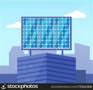 Solar powered blue building in flat style, glossy view of eco equipment on building roof, alternative electric generator, ecological collector vector. Glossy Solar Powered on Top of Building Vector