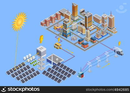 Solar Station Isometric Poster. Isometric poster of modern city which gain energy from solar electricity station with mirror plates vector illustration