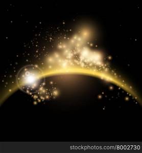 Solar sunrise with stars background. Planet in space. Background with Glowing Stars for Brochures, Flyers, Posters, Greeting Cards. Vector illustration.