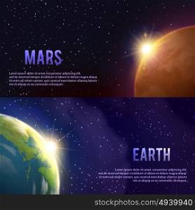 Solar System Banners Set . Solar system horizontal realistic banners set with Mars and Earth isolated vector illustration