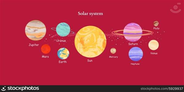 Solar system icon flat design style. Earth planet, space and sun, science astronomy, galaxy and saturn, jupiter and venus, mars and mercury, uranus and neptune illustration