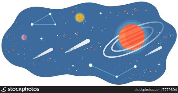 Solar system of planets with large and small celestial bodies flying in space. Colored spheres and meteorits in blue sky. Flat fantastic vector illustration with planets and stars cartoon cosmic scene. Solar system of planets with large and small celestial bodies flying in space cartoon cosmic scene