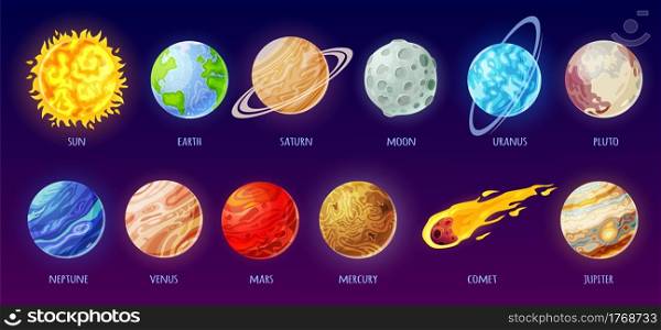Solar system planet. Cartoon galaxy planets, star, comet, sun, earth, moon, mercury. Universe space astronomy science for kids vector set. Universe space bodies for preschool education