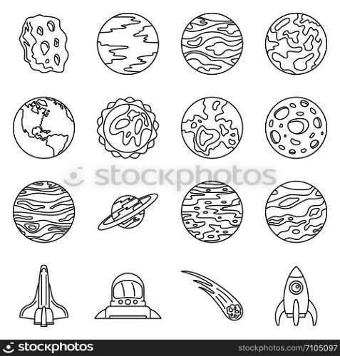 Solar system planets icon set. Outline set of solar system planets vector icons for web design isolated on white background. Solar system planets icon set, outline style
