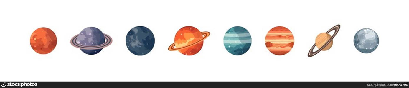 Solar system planets set flat cartoon isolated on white background. Vector isolated illustration