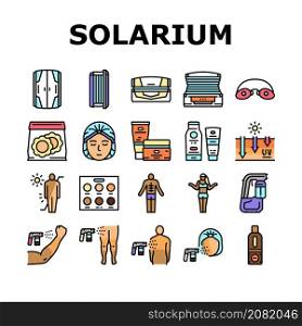 Solarium Salon Tanning Service Icons Set Vector. Disposable Protective Cap And Glasses, Horizontal And Vertical Solarium Cabin, Suntan And Sun Protect Cream Packages Line. Color Illustrations. Solarium Salon Tanning Service Icons Set Vector