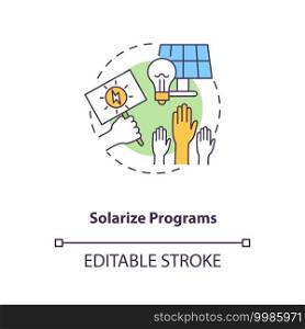 Solarize programs concept icon. Solar photovoltaic group-purchasing program idea thin line illustration. Sell unused electricity. Vector isolated outline RGB color drawing. Editable stroke. Solarize programs concept icon