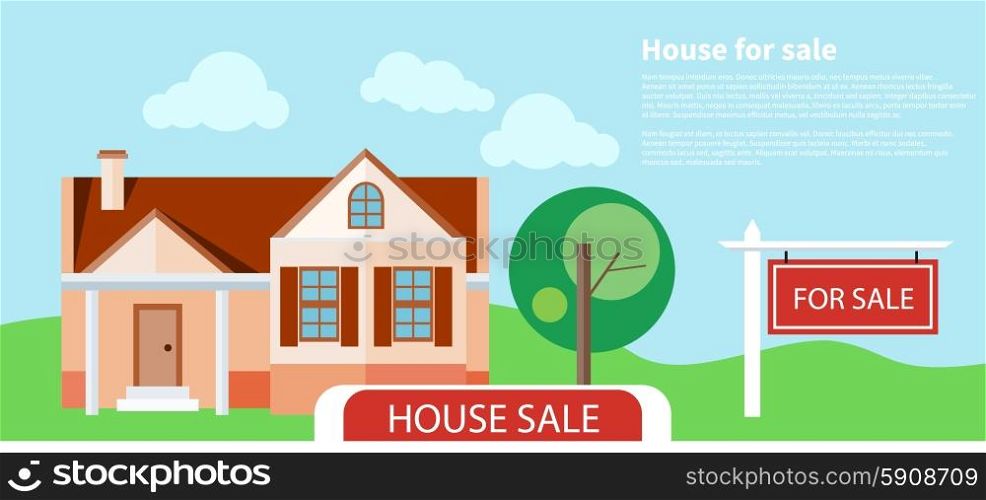 Sold home with for sale sign in front of beautiful new house. Concept in flat design cartoon style on stylish background. Sold home for sale sign