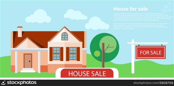 Sold home with for sale sign in front of beautiful new house. Concept in flat design cartoon style on stylish background. Sold home for sale sign