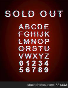Sold out glitch font template. Retro futuristic style vector alphabet set on maroon background. Capital letters, numbers and symbols. Marketing sale typeface design with distortion effect . ZIP file contains: EPS, JPG. If you are interested in custom design or want to make some adjustments to purchase the product, don&rsquo;t hesitate to contact us! bsd@bsdartfactory.com. Sold out glitch font template